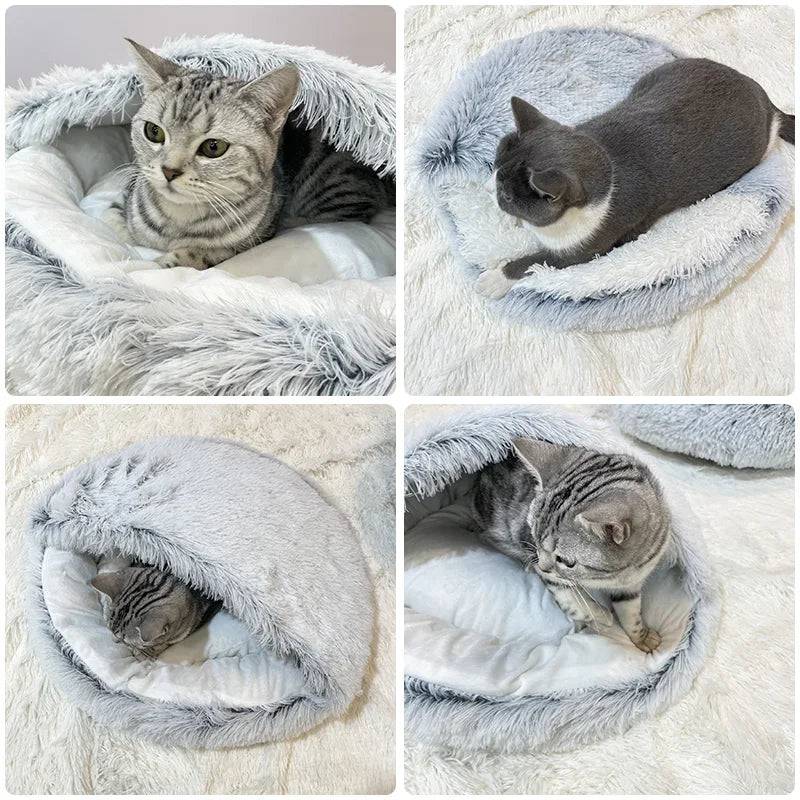 Plush Pet Cat Bed Round Cat Cushion Cat House 2 In 1 - IHavePaws