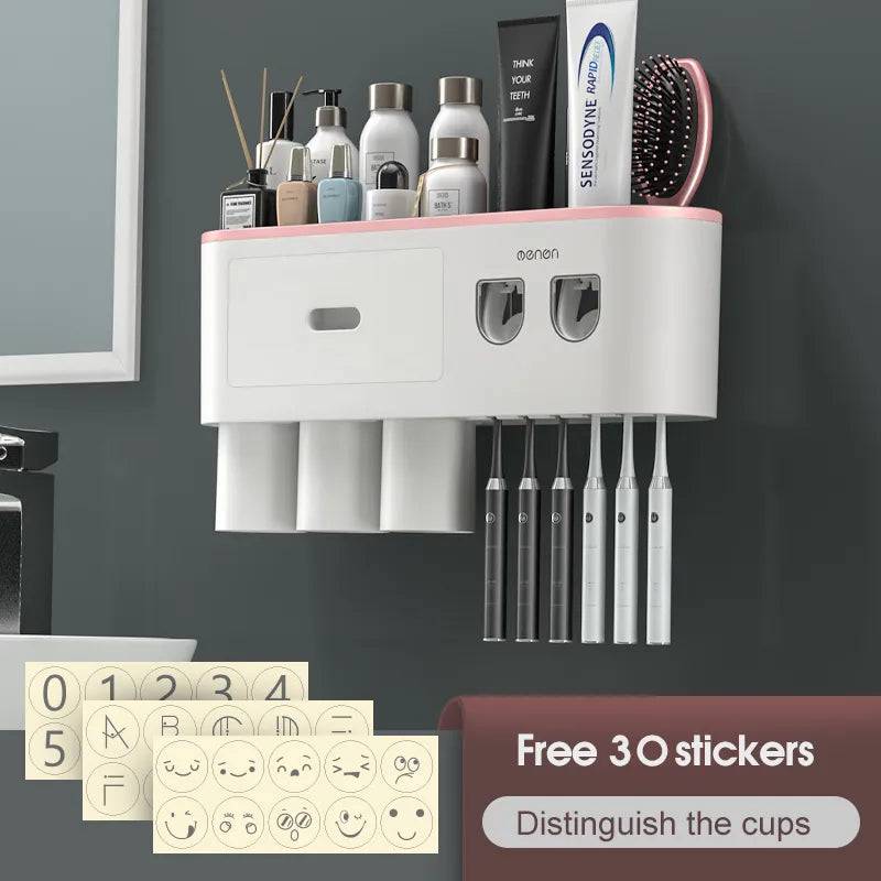 Wall-mounted Toothbrush Holder With 2 Toothpaste Dispenser 3 cups Pink - IHavePaws