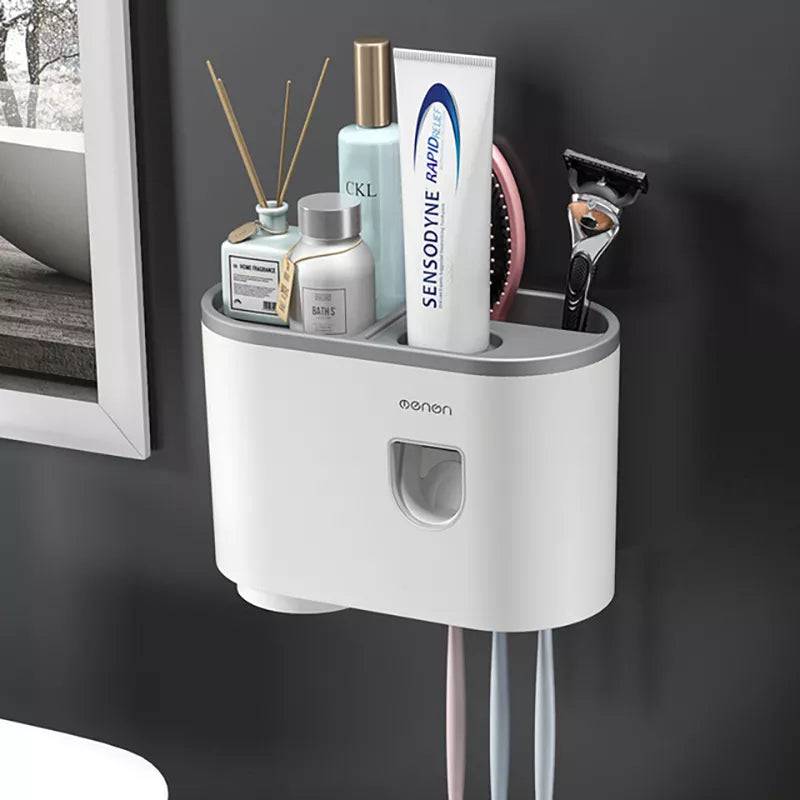 Wall-mounted Toothbrush Holder With 2 Toothpaste Dispenser Gray with 1cup - IHavePaws